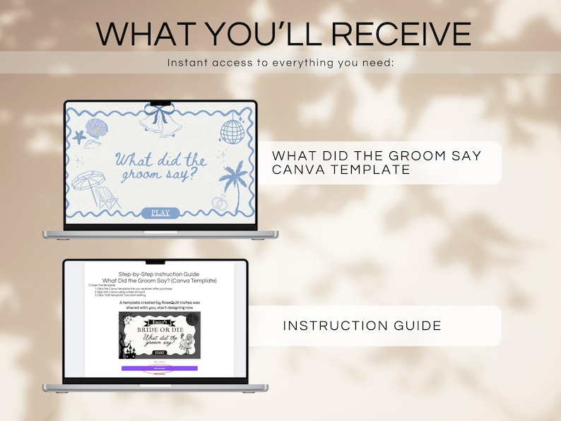 May include: Two laptops displaying a wedding-themed Canva template and an instruction guide. The top laptop shows a blue design with the text "What did the groom say?" and beach-themed illustrations. The bottom laptop displays a "Bride or Die" template.