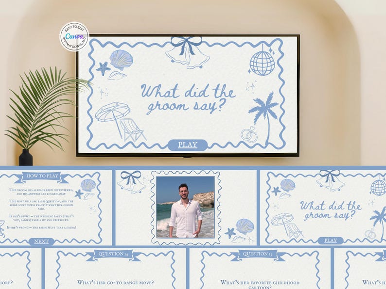 May include: A digital wedding game displayed on a TV screen, featuring a light blue design with beach-themed illustrations. The text "What did the groom say?" is prominent. Additional cards with questions and a photo are also visible.