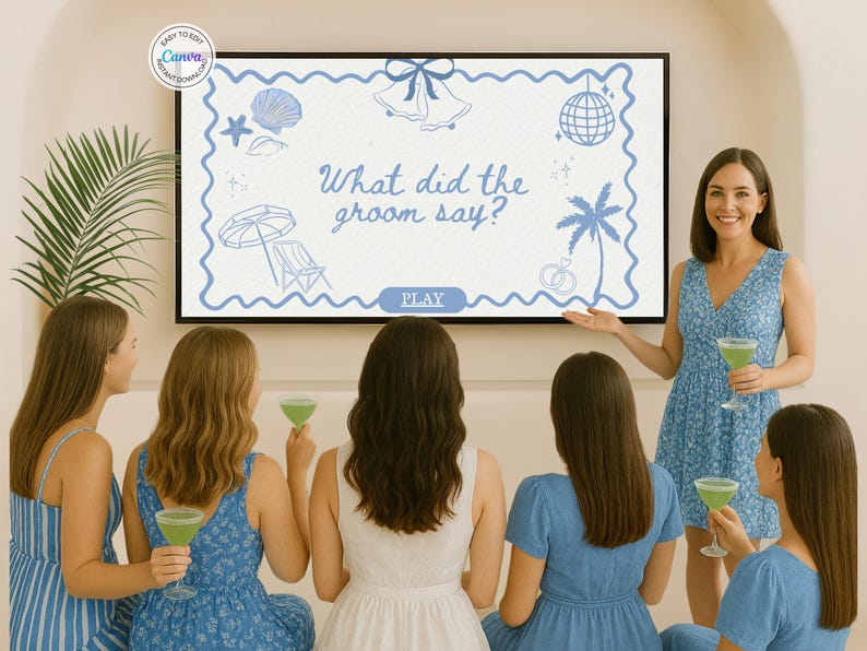 May include: A group of women gather around a screen displaying a wedding-themed game with the text "What did the groom say?". The screen features beach-themed illustrations. The women are dressed in blue and white dresses and holding green cocktails.
