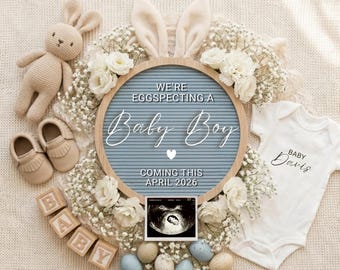 Easter Baby Boy Announcement Digital Spring Baby Boy Pregnancy Reveal Easter Announcement Bunny Boy Gender Reveal Social Media Floral Baby