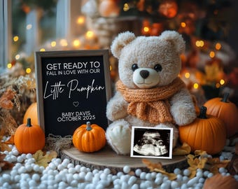 Fall Pregnancy Announcement Digital Autumn Pregnancy Announcement Teddy Bear Fall Baby Announcement Neutral Pumpkin Baby Social Media Reveal