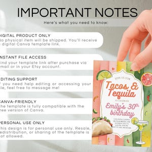 Pu&ograve; includere: Un invito colorato per una festa di compleanno "Tacos & Tequila" per i 30 anni. Il design presenta illustrazioni ad acquerello di tacos, margarita e frutta. Il testo include i dettagli dell'evento e le istruzioni per l'accesso digitale.
