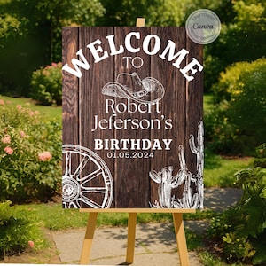 Editable Western Welcome Sign Country Birthday Party Rustic Wood Country Boots Cowboy Editable Digital Portrait Sign You edit with Canva