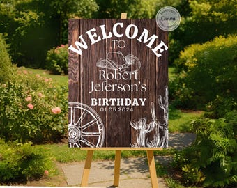 Editable Western Welcome Sign Country Birthday Party Rustic Wood Country Boots Cowboy Editable Digital Portrait Sign You edit with Canva