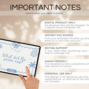 May include: A digital Canva template displayed on a tablet, featuring the text "What did the groom say?" in blue. The image includes beach-themed illustrations and informational text about the digital product, including "DIGITAL PRODUCT ONLY" and "CANVA-FRIENDLY."