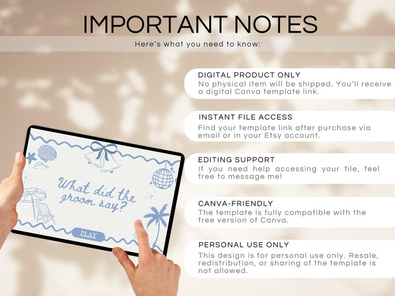 May include: A digital Canva template displayed on a tablet, featuring the text "What did the groom say?" in blue. The image includes beach-themed illustrations and informational text about the digital product, including "DIGITAL PRODUCT ONLY" and "CANVA-FRIENDLY."