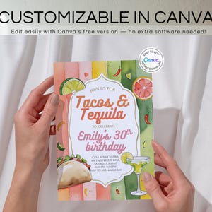 Pu&ograve; includere: Un invito colorato per una festa di compleanno a tema "Tacos & Tequila". Il design include illustrazioni ad acquerello di tacos, margarita, lime e pompelmi. Il testo recita "CUSTOMIZABLE IN CANVA" e "Edit easily with Canva's free version".