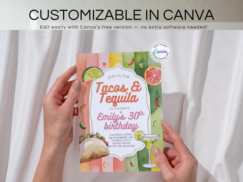 Pu&ograve; includere: Un invito colorato per una festa di compleanno a tema "Tacos & Tequila". Il design include illustrazioni ad acquerello di tacos, margarita, lime e pompelmi. Il testo recita "CUSTOMIZABLE IN CANVA" e "Edit easily with Canva's free version".