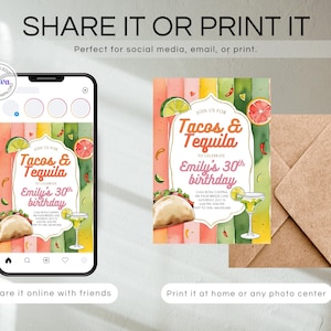 Pu&ograve; includere: Un design colorato per un invito a una festa di compleanno a tema "Tacos & Tequila". Il design include illustrazioni ad acquerello di tacos, margarita, lime e pompelmi. L'invito &egrave; mostrato su uno smartphone e stampato su una carta con una busta marrone.