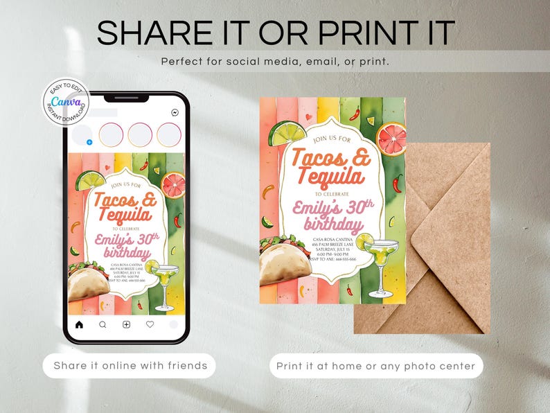 Pu&ograve; includere: Un design colorato per un invito a una festa di compleanno a tema "Tacos & Tequila". Il design include illustrazioni ad acquerello di tacos, margarita, lime e pompelmi. L'invito &egrave; mostrato su uno smartphone e stampato su una carta con una busta marrone.
