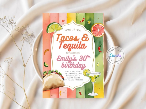 Tacos Tequila Invitation Digital Fiesta Invitation Taco Party Adult Birthday Invitation Margarita 30th Bday Invite Fiesta Birthday Mexican