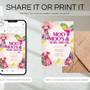 May include: An invitation design for a party, featuring the text "MOO MOO'S & MARGARITAS" in pink. The design includes watercolor illustrations of dresses, margarita glasses, and lemons. The invitation is displayed on a smartphone and a printed card.