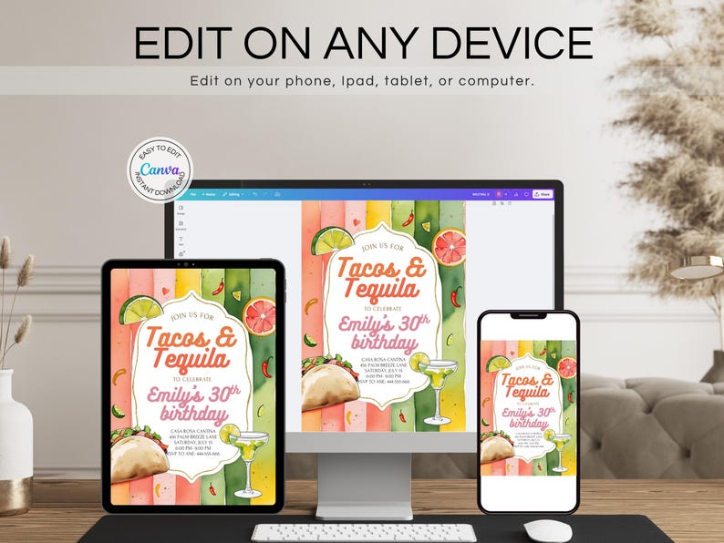 Pu&ograve; includere: Un design di invito digitale per una festa di compleanno a tema "Tacos & Tequila", visualizzato su un monitor di computer, un tablet e uno smartphone. Il design presenta illustrazioni ad acquerello di tacos, margarita e frutta, con il testo "Edit on Any Device".