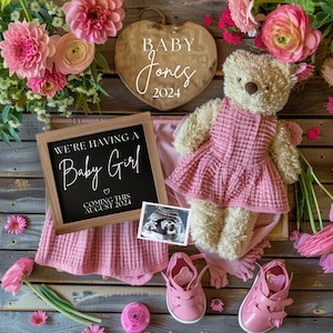 Anuncio de bebé niña Anuncio de embarazo digital Bebé niña Boho Floral Revelación de género de niña Redes sociales Hermana pequeña que viene Hermana bebé