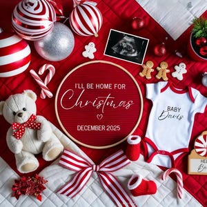 Weihnachten Schwangerschaftsankündigung Weihnachten Babymitteilung Urlaub Schwangerschaft Dezember Baby offenbaren Social Media Bearbeitbar Ich werde zu Hause sein