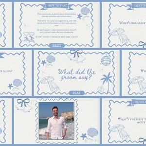 May include: A light blue and white wedding game with various questions and instructions. The game features a photo of a man and beach-themed illustrations, including seashells, palm trees, and beach chairs. The text "What did the groom say?" is displayed.