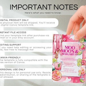 May include: A hand holds a pink and white invitation card with the text "MOO MOO'S & MARGARITAS". The card features illustrations of cocktails, citrus fruits, and a woman in a pink dress. The card also includes event details.