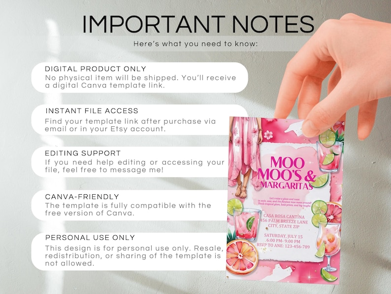 May include: A hand holds a pink and white invitation card with the text "MOO MOO'S & MARGARITAS". The card features illustrations of cocktails, citrus fruits, and a woman in a pink dress. The card also includes event details.