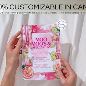 May include: A pink and white invitation design for "Moo Moo's & Margaritas" with illustrations of cocktails, lime, and grapefruit. The text includes event details and the phrase "100% Customizable in Canva".