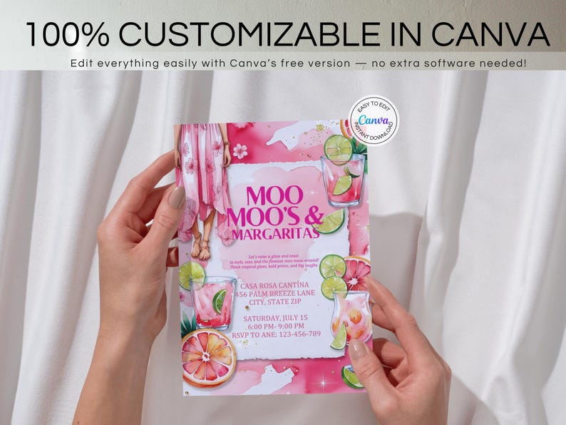 May include: A pink and white invitation design for "Moo Moo's & Margaritas" with illustrations of cocktails, lime, and grapefruit. The text includes event details and the phrase "100% Customizable in Canva".