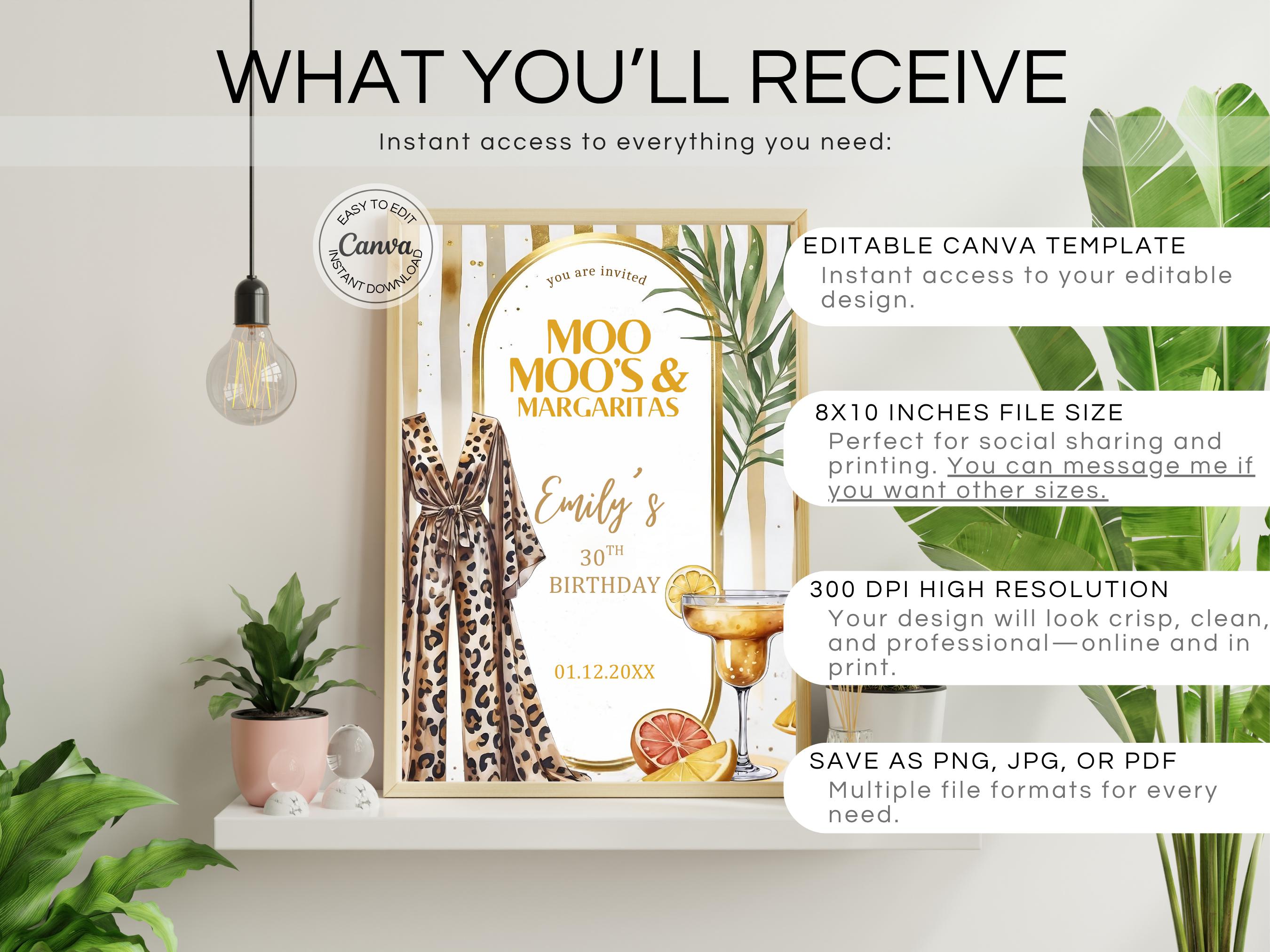Moo Moos and Margaritas Welcome Sign Digital Ladies Night Invite Glam ...