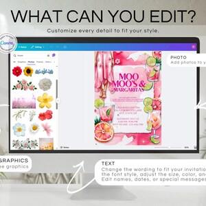 May include: A computer screen displays a customizable invitation template with the text "MOO MOO'S & MARGARITAS." The design features watercolor illustrations of cocktails, citrus fruits, and flowers. Text options include adding photos, graphics, and editing text.