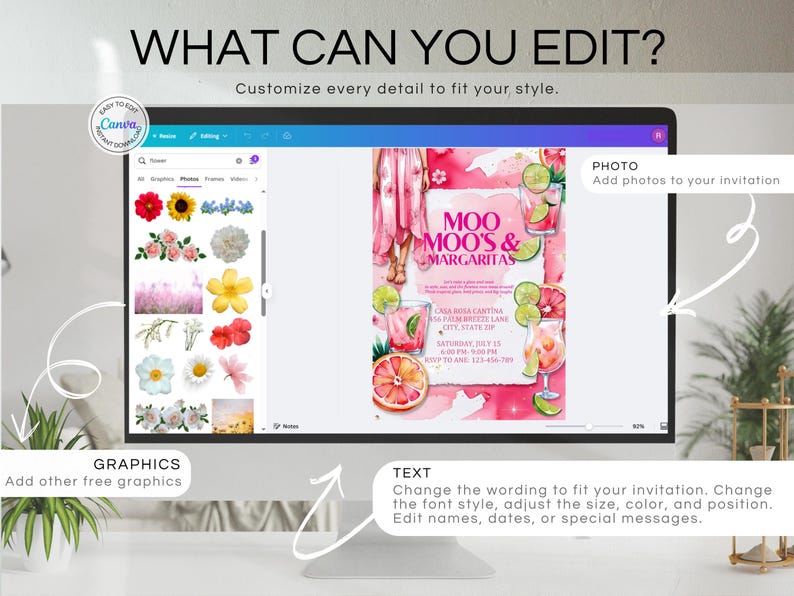 May include: A computer screen displays a customizable invitation template with the text "MOO MOO'S & MARGARITAS." The design features watercolor illustrations of cocktails, citrus fruits, and flowers. Text options include adding photos, graphics, and editing text.