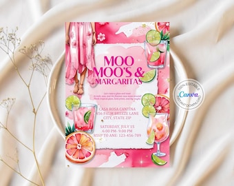 May include: Pink watercolor invitation for a "Moo Moo's & Margaritas" party. The design features illustrations of cocktails, grapefruit, and lime slices. The text includes the event details: date, time, and RSVP information. The Canva logo is visible.