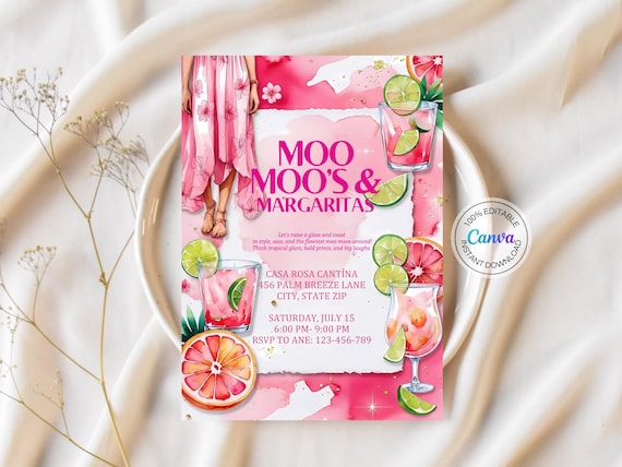Mumu Margaritas Invitation Digital Pajama Party Invite Ladies Night Bachelorette Party Invite Pink Moo Moos Invitation Girls Night Party