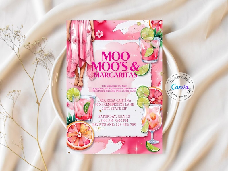 May include: Pink watercolor invitation for a "Moo Moo's & Margaritas" party. The design features illustrations of cocktails, grapefruit, and lime slices. The text includes the event details: date, time, and RSVP information. The Canva logo is visible.