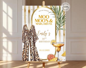 Moo Moos and Margaritas Welcome Sign Digital Ladies Night Invite Glam Party Bachelorette Invite Leopard Pajama Girls Day Invitation Mumus