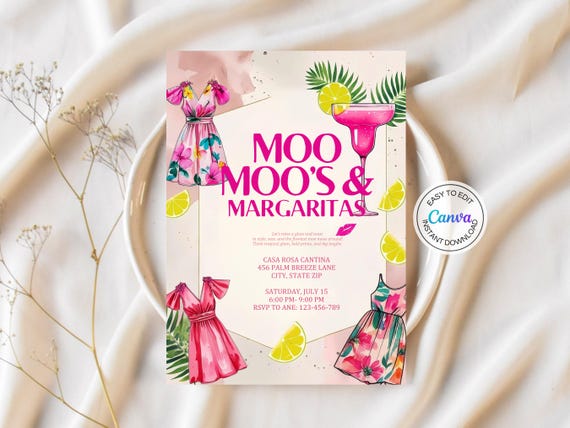 Moo Moos & Margaritas Invitation Digital Ladies Night Invite Bachelorette Party Pajama Girls Day Party Invitation Pink Moo Moos Invitation
