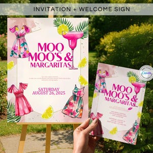 Moo Moos and Margaritas Invitation Digital Girls Night Invite Bachelorette Party Pajamas Ladies Night Invitation Moo Moos Welcome Sign Pink