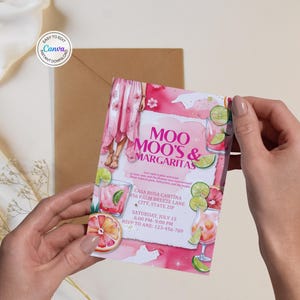 May include: A pink and white invitation card with the text "MOO MOO'S & MARGARITAS" and details for Casa Rosa Cantina. The card features illustrations of cocktails, lime slices, and grapefruit. The card is held by a person.