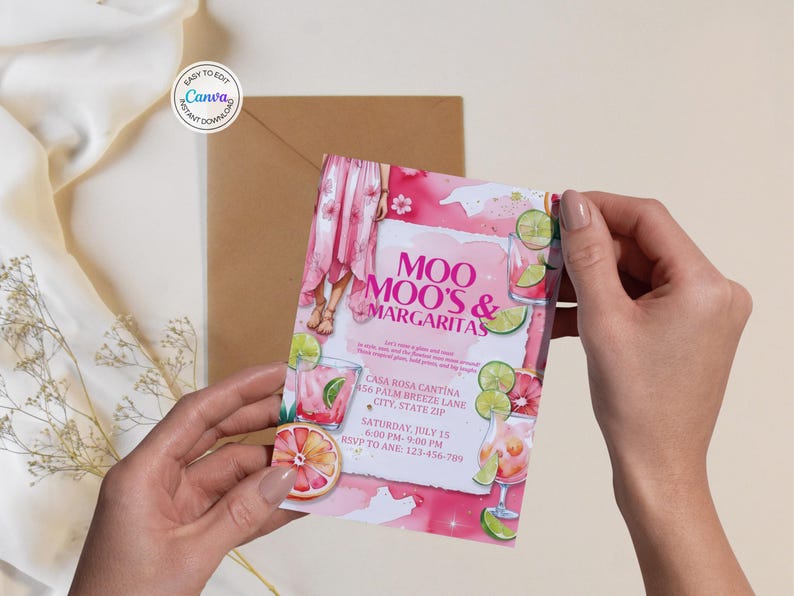 May include: A pink and white invitation card with the text "MOO MOO'S & MARGARITAS" and details for Casa Rosa Cantina. The card features illustrations of cocktails, lime slices, and grapefruit. The card is held by a person.