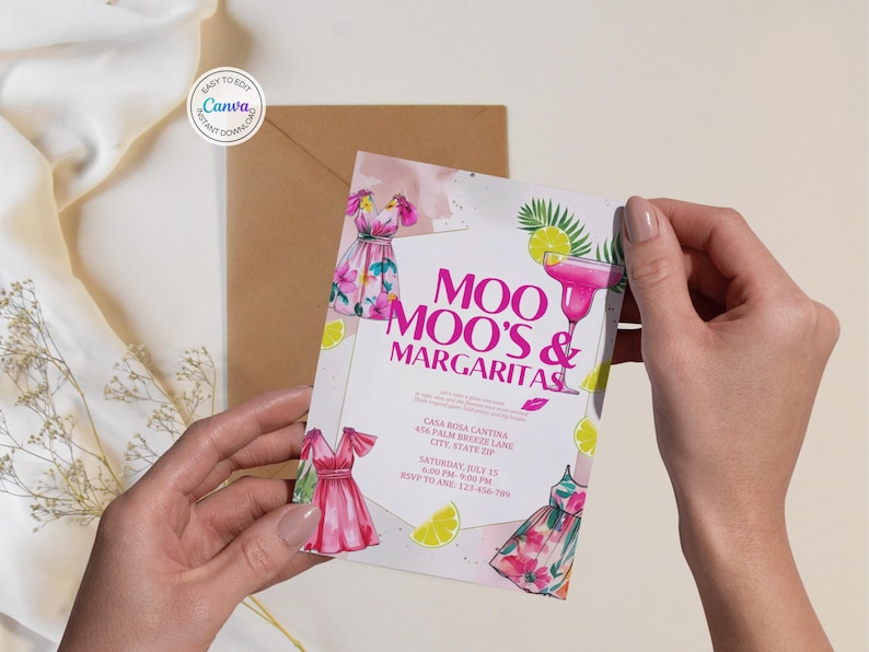 May include: A party invitation card with the text "Moo Moo's & Margaritas" and illustrations of dresses, margaritas, and lemons. The card is held by a person's hands, with a brown envelope in the background.