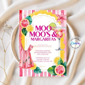 Pink Moo Moos and Margaritas Invitation Digital Pajama Party Invite Margarita Bachelorette Party Ladies Night Invitation Girls Day Night