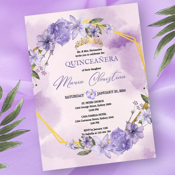 Editable lilac gold Quinceanera Invitation Sweet 16 Birthday Girl Tiara 15th birthday party Crown Rose Gold Floral Mis Quince Anos Butterfly