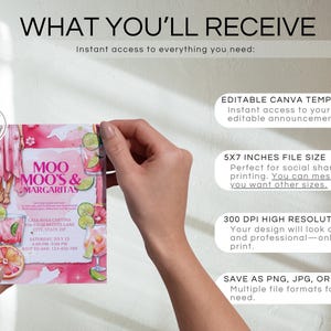 May include: A pink invitation card with the text "Moo Moo's & Margaritas" and details for an event. The card is held by hands and includes information about the event's date, time, and location. The design includes illustrations of cocktails and fruit.