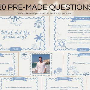 May include: A light blue and beige wedding game with the text "20 PRE-MADE QUESTIONS". The game includes questions, illustrations of beach elements, and a photo of a man. The game is designed for a wedding.