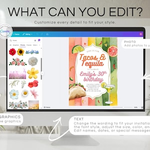 Pu&ograve; includere: Uno schermo di computer mostra un design di invito personalizzabile. L'invito presenta il testo "Tacos & Tequila" e "Emily's 30th birthday". Lo schermo mostra anche opzioni per modificare grafica, foto e testo.