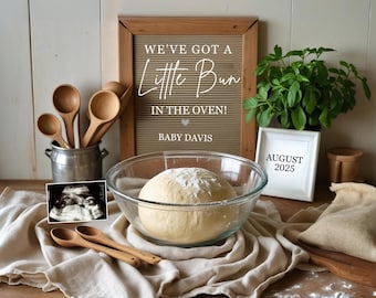 Anúncio de gravidez de pão no forno, anúncio de gravidez de confeitaria digital, doce revelação do bebê, modelo de mídia social neutro em termos de gênero