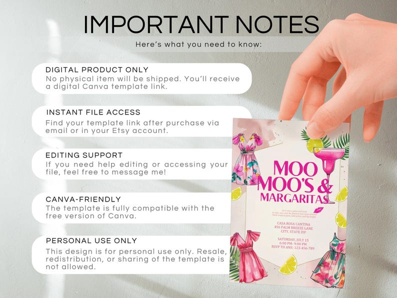 May include: A digital invitation card with the text "MOO MOO'S & MARGARITAS" and illustrations of dresses, a margarita, and lemons. The card is held by a hand, and the background includes important notes about the digital product.