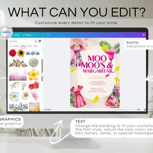 May include: A computer screen displays a design interface with the text "WHAT CAN YOU EDIT?" and "MOO MOO'S & MARGARITAS". The interface shows options for editing photos, graphics, and text, with examples of floral graphics and invitation elements.