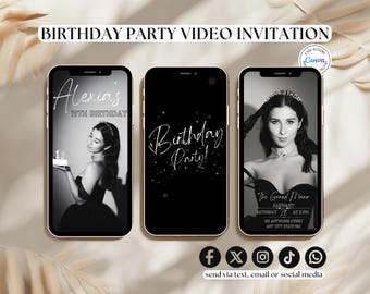 Editable birthday invitation black and white birthday invite for girls animated digital video evite invitation for girl black silver glitter
