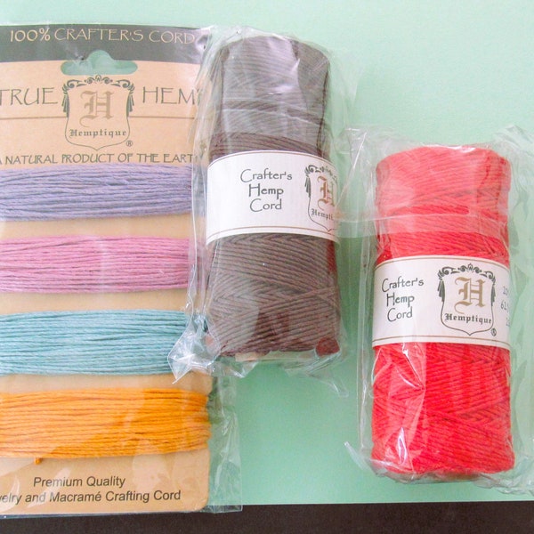 HEMP Crafter's Cord 3 pk Brown & Red rolls, Variety card. Hemptique 20 lb, Good for bracelets, jewelry, macramé, crafts.