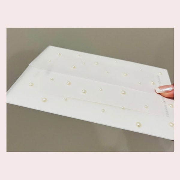 Pearl embellished folded vellum jackets for 5x7 invites. Perfect for weddings, baby showers, and so much more.