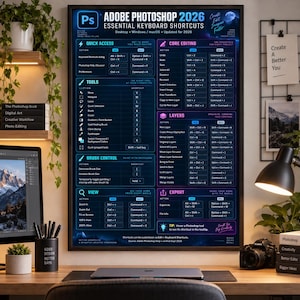 May include: A framed wall poster titled Adobe Photoshop 2026 Essential Keyboard Shortcuts, featuring a dark blue background with organized sections for tools, layers, and export commands for Windows and macOS, displayed in a workspace.