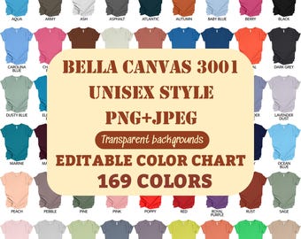 Bella Canvas 3001 T-shirt Mockup Bundle, Bella Canvas 3001 Png+Jpeg 169 colors Transparent Background T-shirt Mockup Bundle and Color Charts