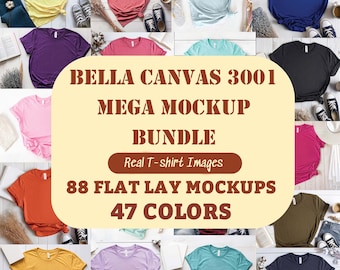 Bella Canvas 3001 T-shirt Flat Lay Mega Mockup Bundle, Bella Canvas 3001 T-shirt Mockup Bundle 47 Colors, Bella Canvas 3001 Flat Lay Mockups